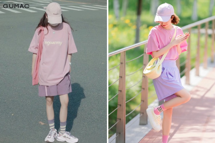 Mix áo màu hồng cùng quần sắc tím thời thượng