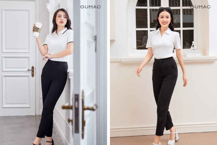 Mix áo polo nữ cùng quần tây ống đứng chuẩn công sở