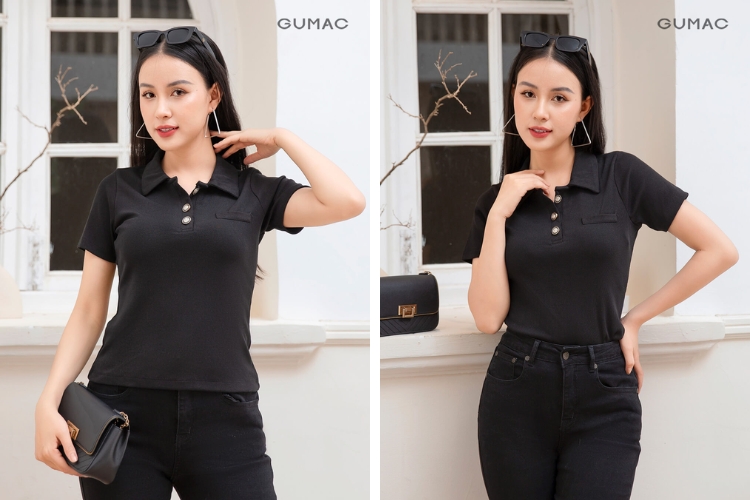 Mix áo thun polo nữ cùng quần jean nữ cá tính