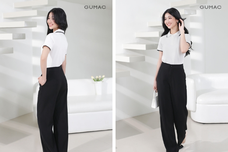 Phối áo polo nữ với quần tây ống suông