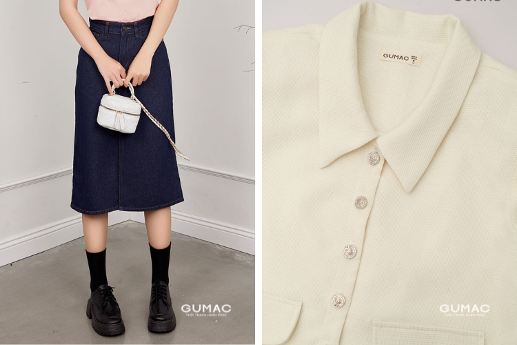 Phối áo thun polo nữ cùng chân váy jean thời trang
