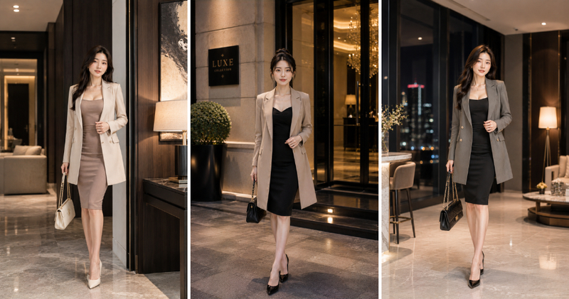 Áo vest dáng dài phối đầm body ôm sát quyến rũ.