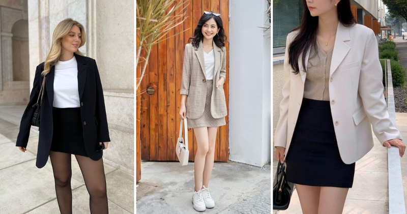 Blazer phối cùng chân váy ngắn chữ A là công thức kinh điển và an toàn cho mọi vóc dáng.