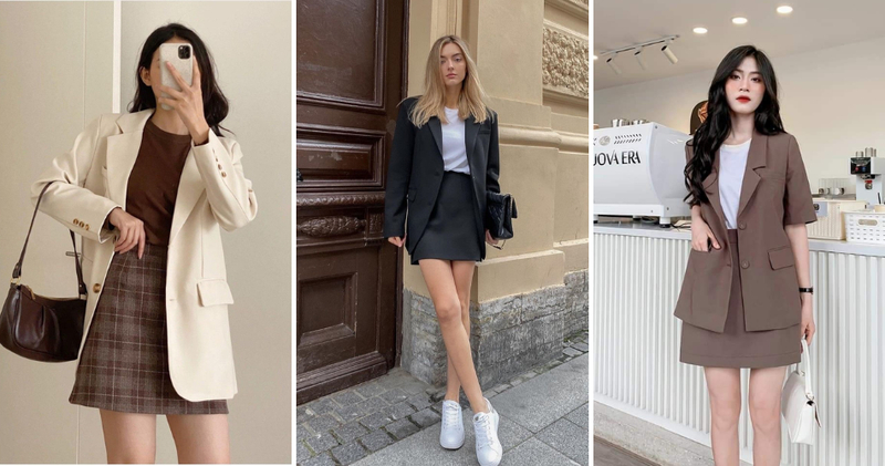 Chân váy chữ A kết hợp cùng blazer mang lại vẻ ngoài trẻ trung, năng động nhưng không kém phần thanh lịch.