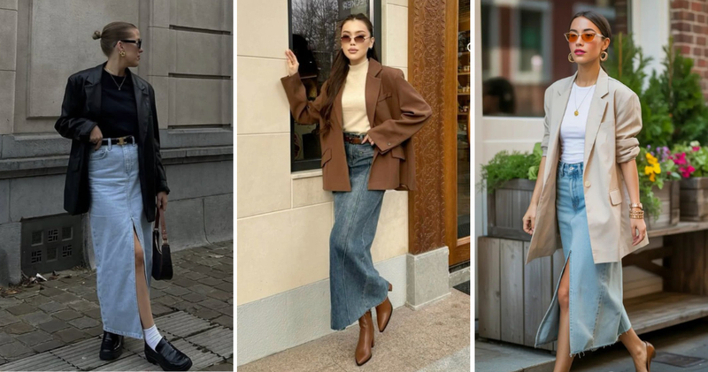 Chân váy dài denim mang vẻ bụi bặm, phóng khoáng kết hợp cùng áo blazer form rộng tạo nên sự đối lập đầy thú vị.