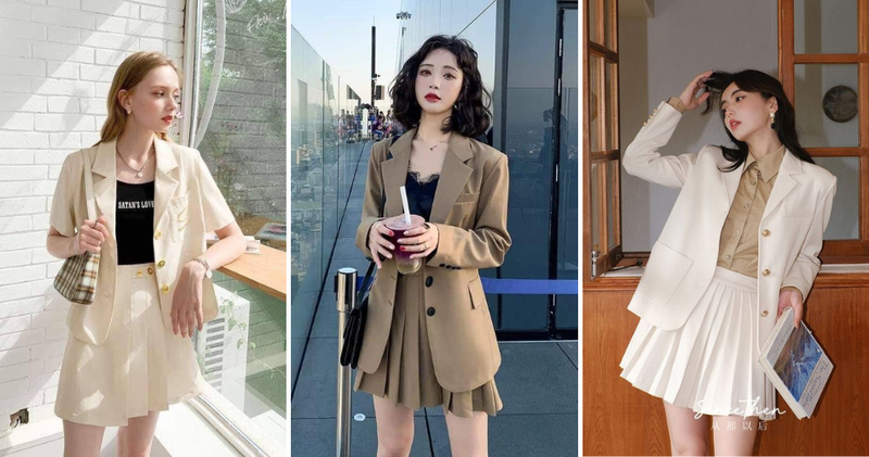 Khoác áo blazer màu be hoặc nâu, ghi xám bên ngoài chân váy ngắn xếp ly bản to.