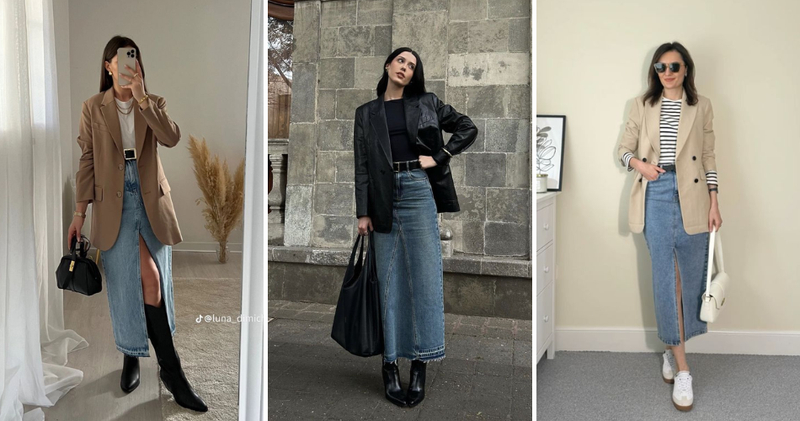 Set đồ blazer form rộng phối cùng chân váy dài denim mang đậm hơi thở retro, cổ điển nhưng vẫn rất hiện đại và cá tính.
