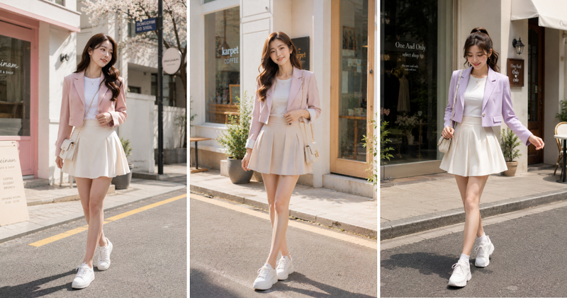 Sự kết hợp giữa áo blazer thanh lịch và chân váy xếp ly ngắn mang đậm phong cách học đường vô cùng trẻ trung và ngọt ngào.