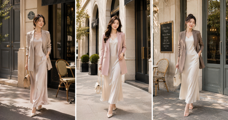 Váy 2 dây lụa mềm mại, mỏng manh kết hợp cùng áo blazer cứng cáp tạo nên sự tương phản vô cùng thú vị và thời thượng.