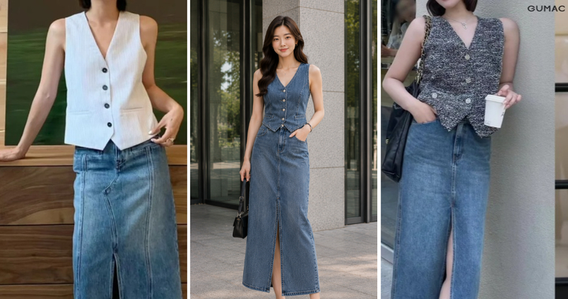 Áo gile phối cùng chân váy jean dài là lựa chọn cho nàng yêu thích sự cá tính, thích set đồ phong cách, nổi bật với thiết kế jean bền bỉ.