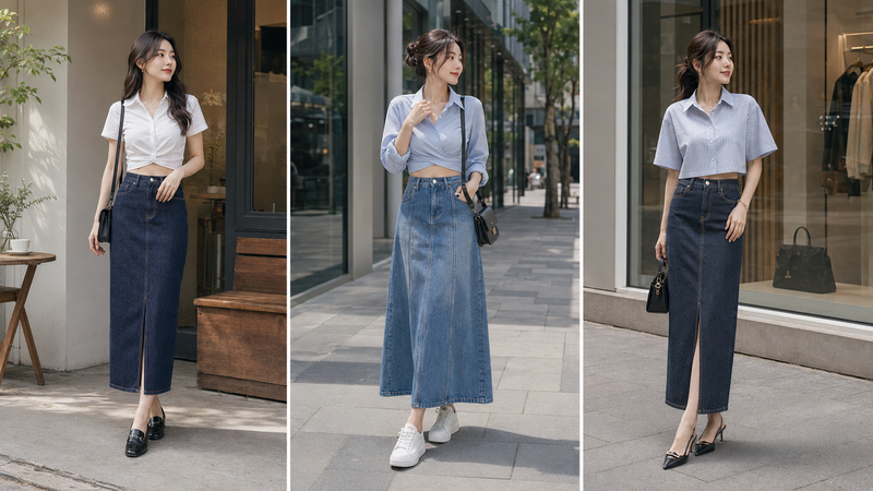 Áo sơ mi croptop phá cách, kết hợp với chân váy jean dài, mang lại outfit trendy và thoáng mát.