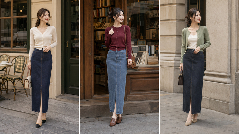 Cardigan mỏng phối với chân váy jean dài dáng bút chì, mang phong cách cổ kính nhưng không lỗi mốt.