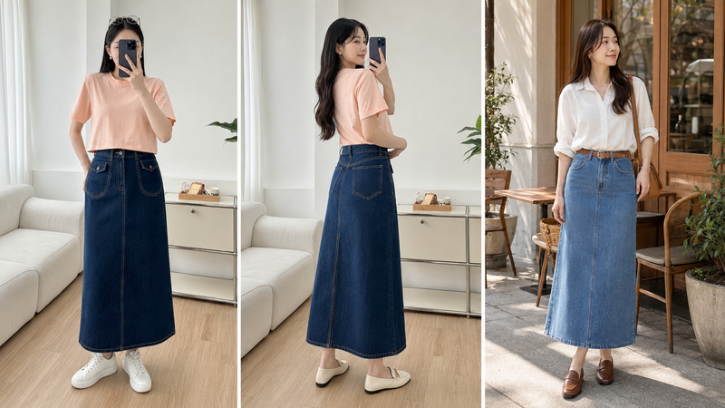 Chân váy jean dài với thiết kế đơn giản, chất liệu jean đứng form, dễ dàng kết hợp với áo sơ mi, áo thun, mang lại vẻ ngoài tiện dụng và phong cách.