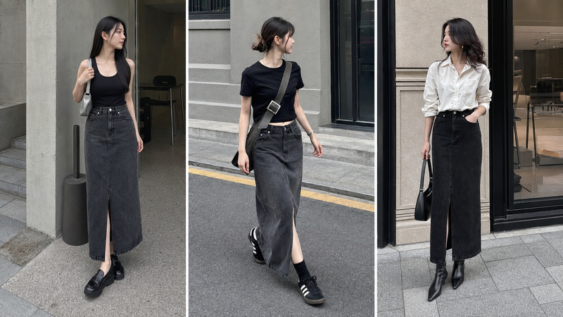 Chân váy jean đen dài với màu sắc tối giản, mang lại vẻ sành điệu khi phối cùng áo tanktop, áo thun hay áo sơ mi.