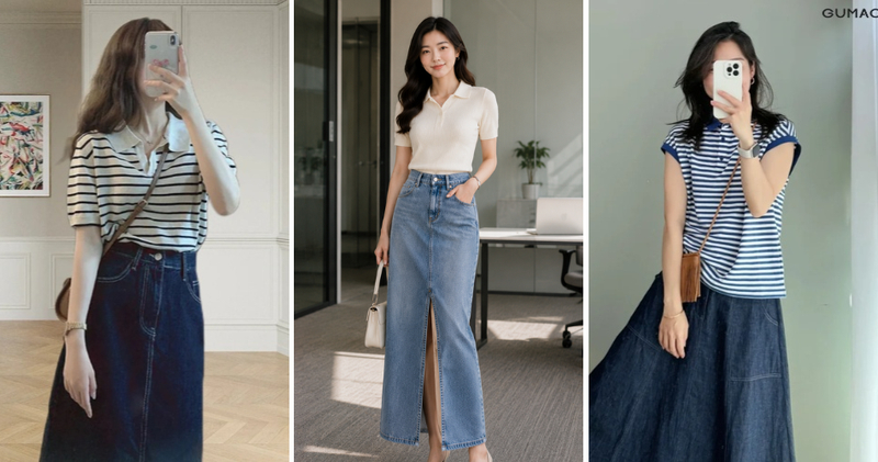 Chân váy jeans dài xẻ tà mix áo polo là outfit công sở lý tưởng, kín đáo và lịch sự.