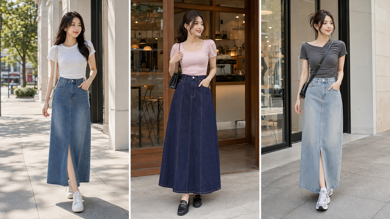 Combo kinh điển mix chân váy jean dài với áo thun kiểu mang lại sự trẻ trung, năng động.