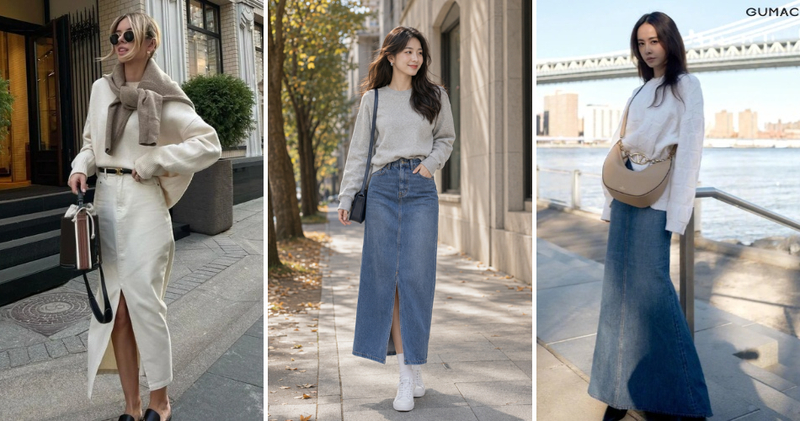 Mix chân váy bò dài với áo sweater mang lại phong cách trẻ trung, năng động và ấm áp.