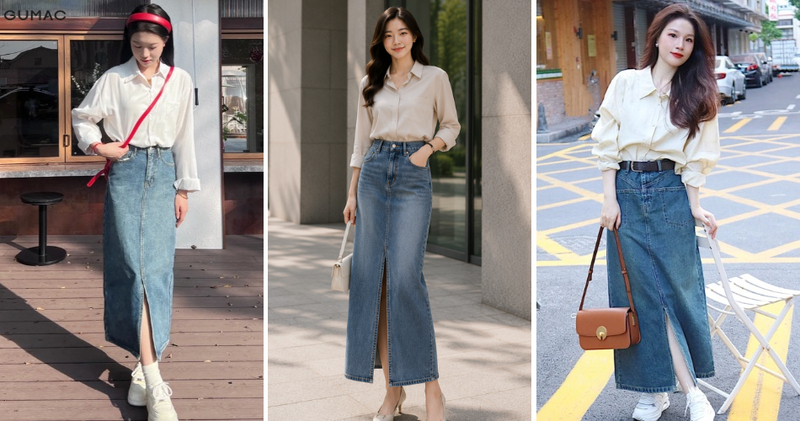 Mix chân váy jean dài với áo sơ mi nữ mang lại set đồ lịch sự nhưng thời thượng.