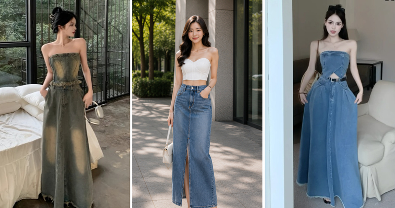 Mix chân váy jean dài với croptop cúp ngực mang lại vẻ nữ tính và cá tính.