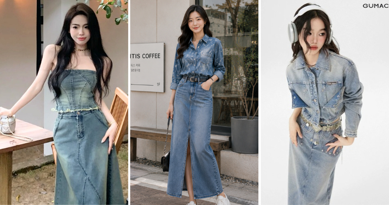Mix chân váy jean dài với áo jean họa tiết hoa, chữ hoặc con vật, bạn sẽ có set đồ mạnh mẽ, tiện dụng.