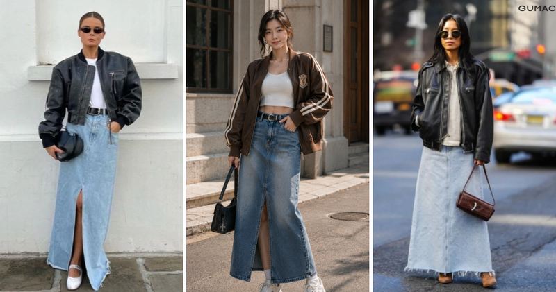 Mix chân váy jean dài với áo khoác jacket bomber, kết hợp áo croptop bên trong, mang lại phong cách vintage hiện đại và cá tính.