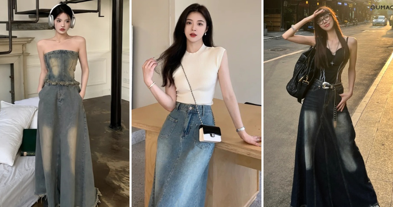 Phụ kiện mang cùng chân váy jean dài giúp tạo điểm nhấn và sự hài hòa cho trang phục.