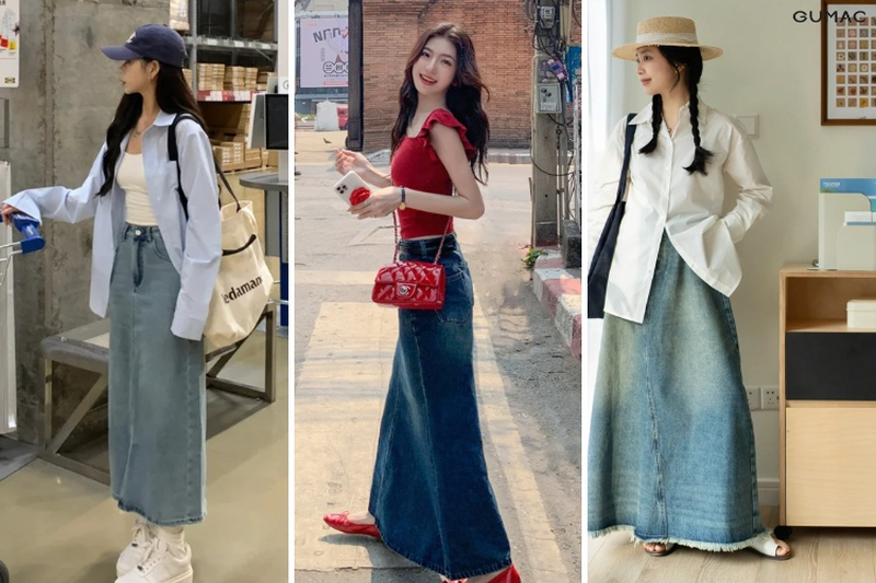 Trang phục kết hợp màu sắc hài hòa với chân váy jeans dài không chỉ tạo sự cân đối mà còn thể hiện phong cách riêng.