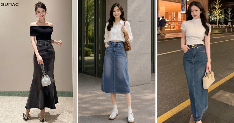 Váy rời jean dài qua gối là item đa năng, phù hợp với nhiều phong cách.