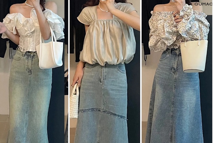 Kết hợp chân váy jean dài với áo tay bồng, cổ bèo mang đến sự hài hòa giữa cá tính và dịu dàng.