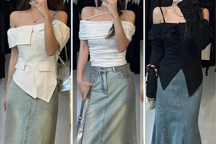 Mix chân váy jean dài với áo trễ vai mang lại outfit thu hút và thời trang.
