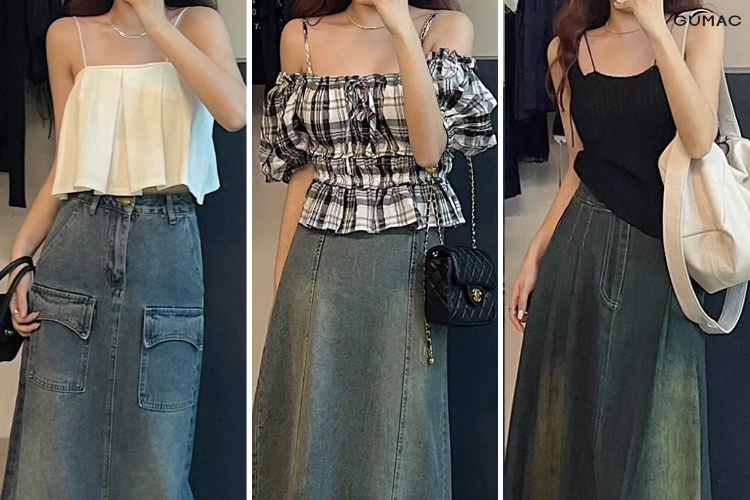 Mix chân váy bò dài với áo hai dây mang lại outfit hài hòa, tôn lên vai mảnh mai và phong cách thời trang.