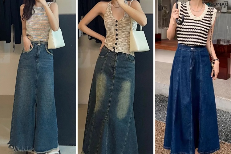Combo trẻ trung với chân váy jean dài và áo tanktop màu nổi bật tạo điểm nhấn cho outfit.