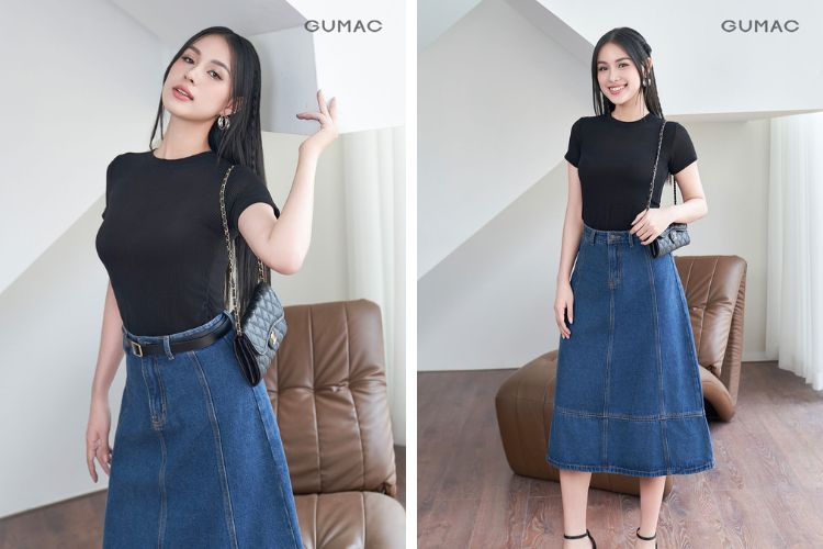 Áo thun mix chân váy jean đi cắm trại