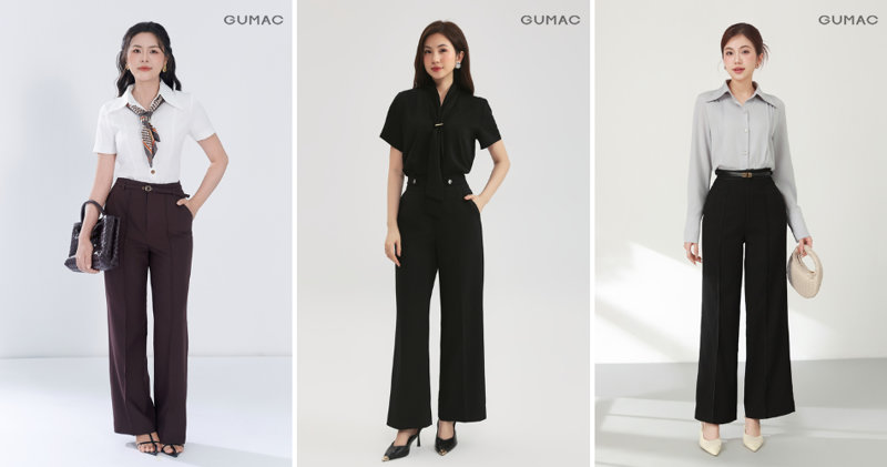 Áo sơ mi basic phối cùng quần ống rộng thanh lịch, chuyên nghiệp.