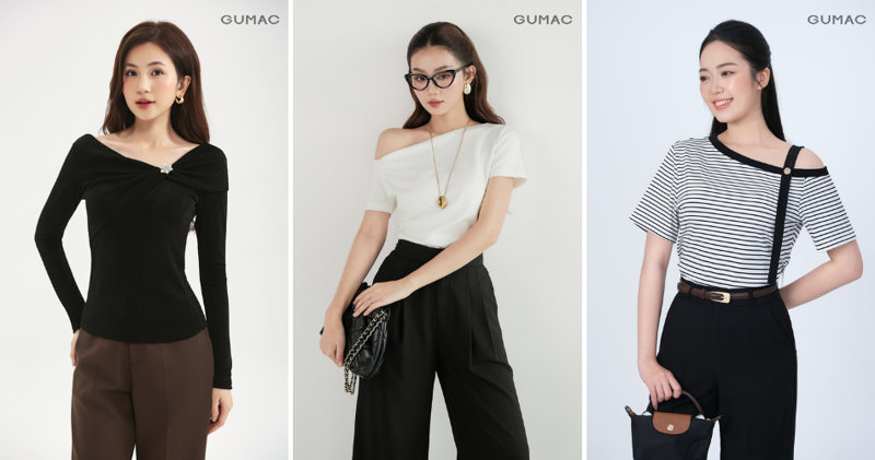 Combo quần ống rộng và áo trễ vai nhẹ nhàng nhưng vẫn đủ nổi bật.
