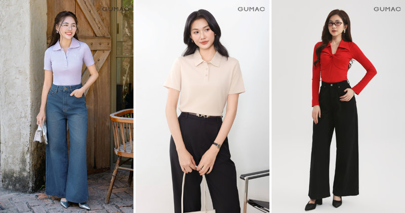 Áo polo mặc với quần ống rộng phù hợp cho các chị em văn phòng.