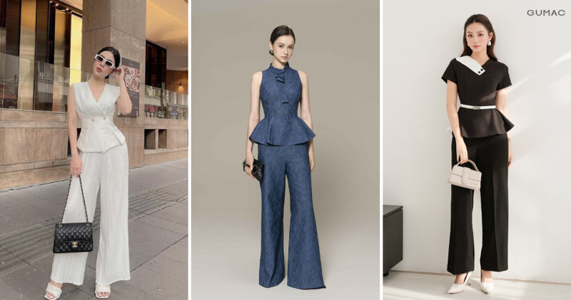 Quần ống rộng kết hợp với áo kiểu peplum tạo hiệu ứng eo gọn, dáng cân đối.