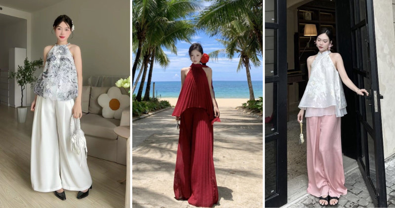 Áo cổ yếm phối cùng quần ống rộng mới mẻ và nữ tính.