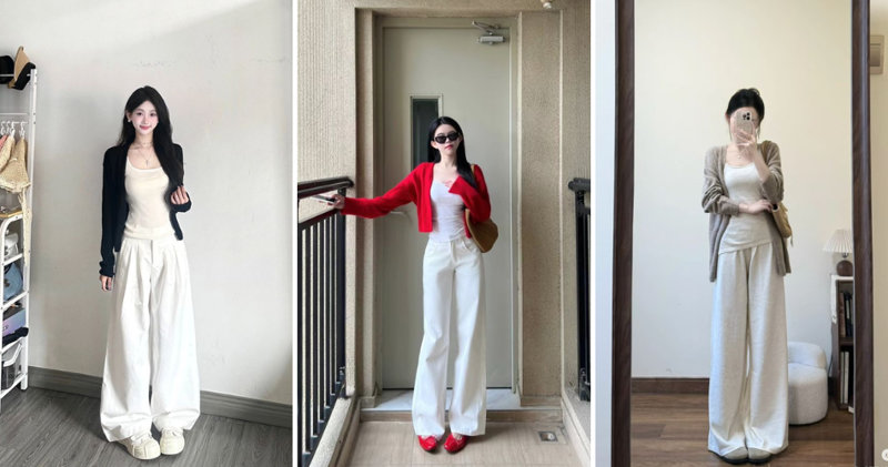 Áo cardigan với quần ống rộng gọn gàng, tinh tế.