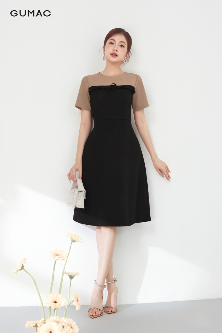 Áo đầm phối bèo dây nơ