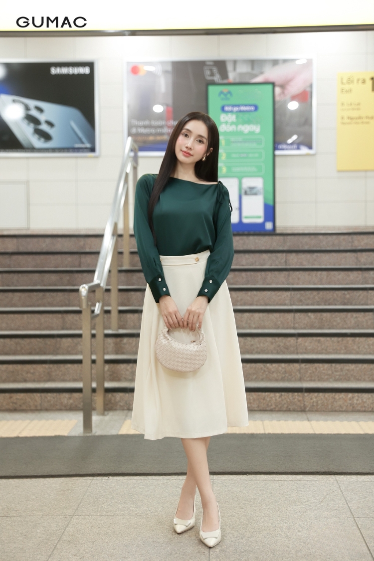 Áo lệch vai mix cùng chân váy
