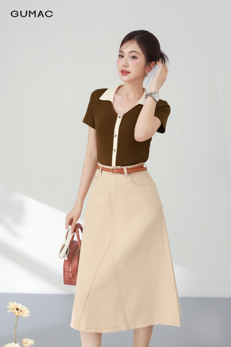 Áo polo kiểu cổ tim phối chân váy