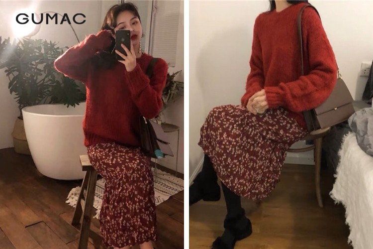 Chân váy hoa nữ tính phối với áo len
