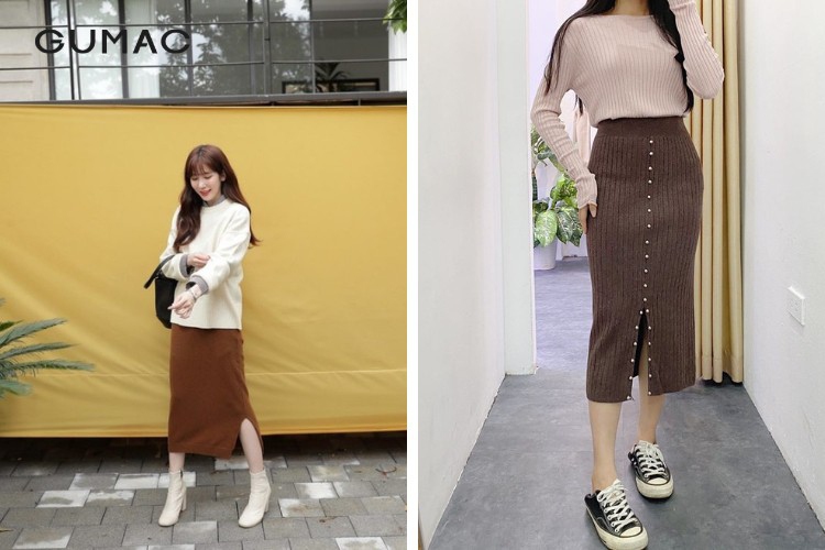 Chân váy xẻ tà mix cùng áo len