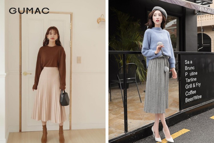 Mix áo len với chân váy xếp ly
