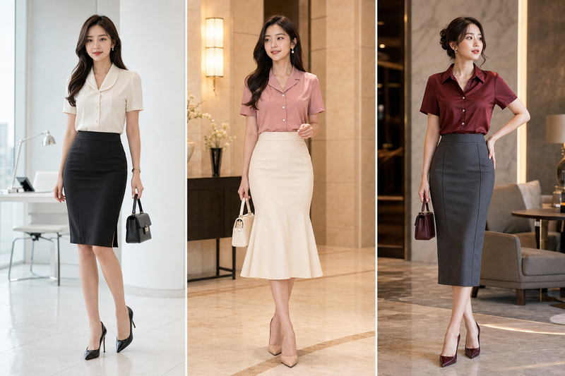 Kiểu phối áo sơ mi ngắn tay với chân váy ôm body như bút chì, đuôi cá tạo sự quyến rũ.
