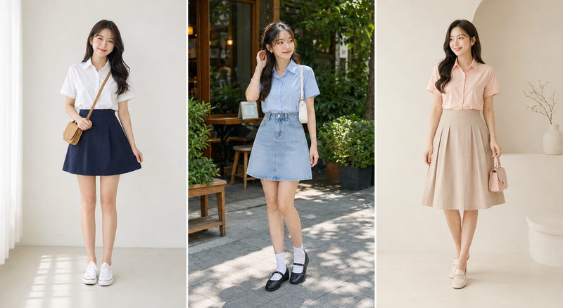 Mix chân váy chữ A với sơ mi cộc tay tạo vẻ năng động nhưng vẫn thanh lịch.
