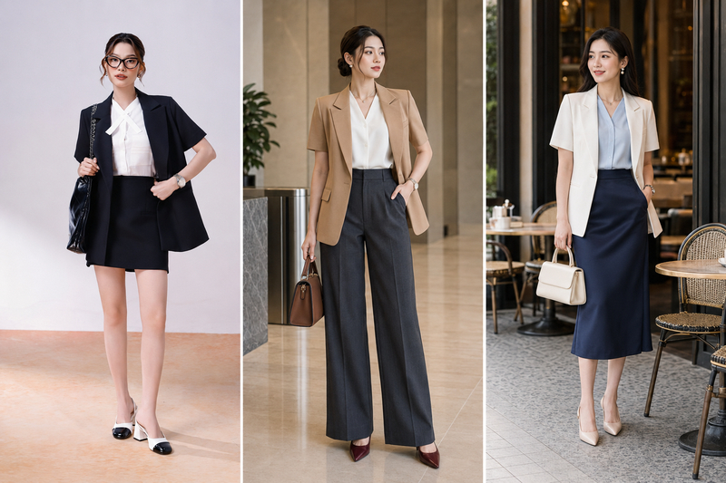 Mix đồ với áo sơ mi tay ngắn nữ cổ V cùng áo blazer tạo nét sang trọng.