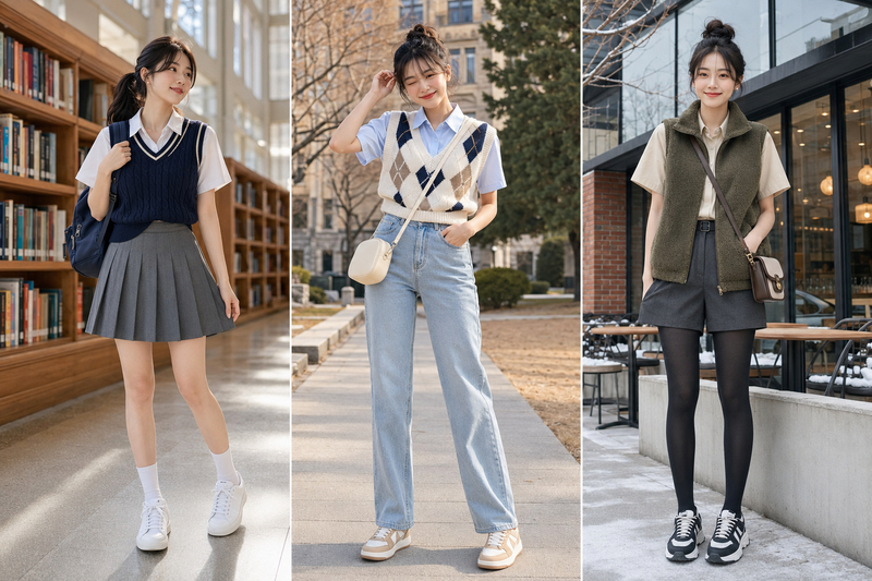 Mix sơ mi nữ ngắn tay và gile kết hợp nét nhí nhảnh, trẻ trung và cá tính của phong cách học sinh.