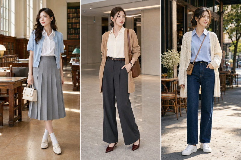 Outfit áo sơ mi tay ngắn khoác ngoài cardigan là lựa chọn tuyệt hảo cho mùa đông thêm ấm áp.